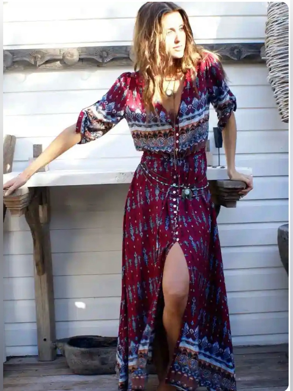 Women's Burgundy Boho Maxi Dress with Ethnic Print